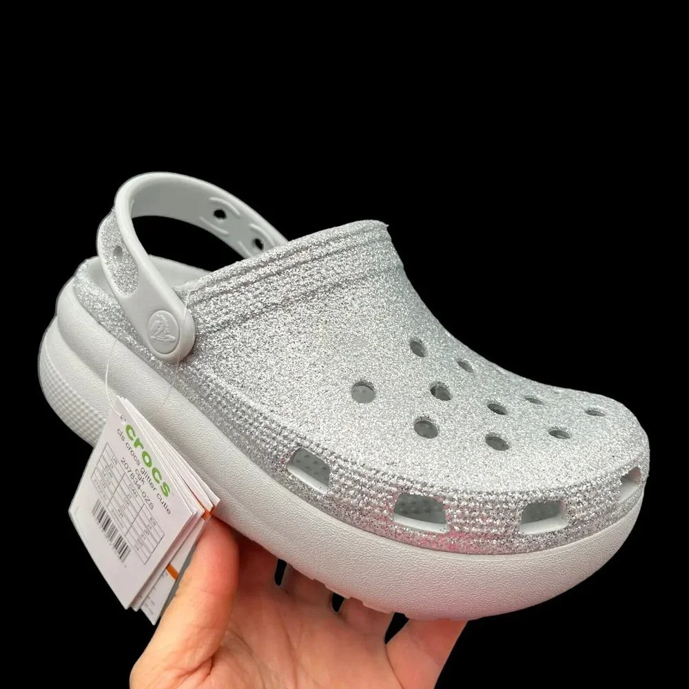 Crocs Youth Girls Platform Glitter Clog Size 2-3‎ Silver Slip-on Comfortable